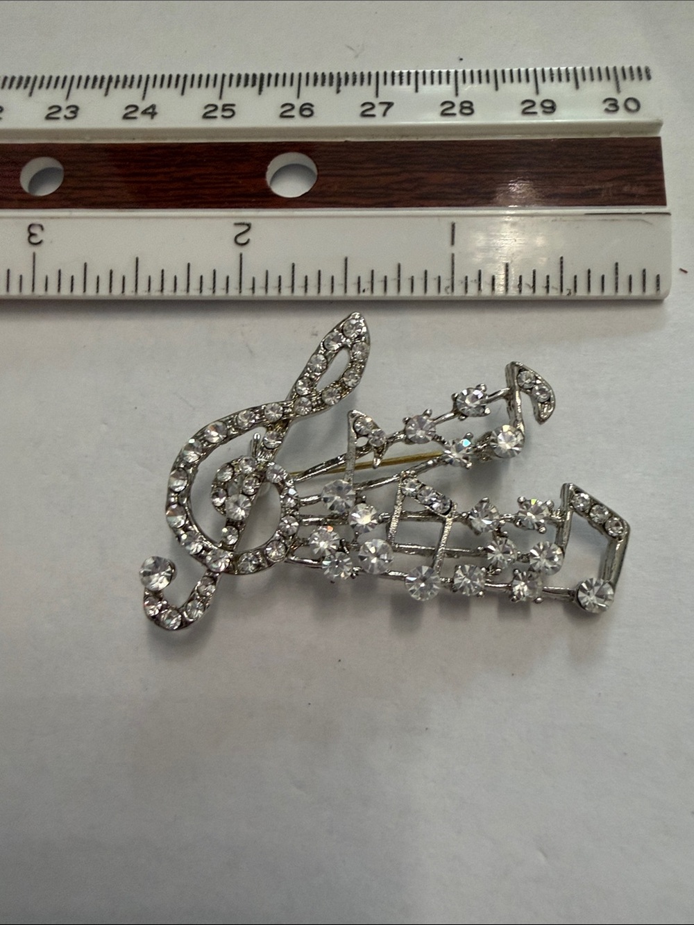 Vintage Rhinestone Musical Note Brooch Hair Pin - Silver Crystal